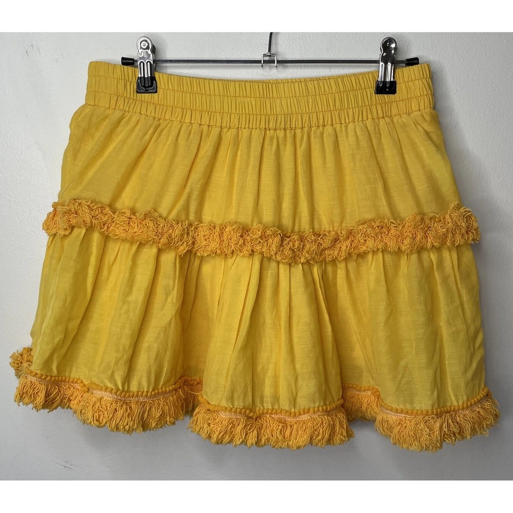 Tessora Tiered Mini Skirt Women Small Yellow Fringe Pom Pom Boho Festival Summer